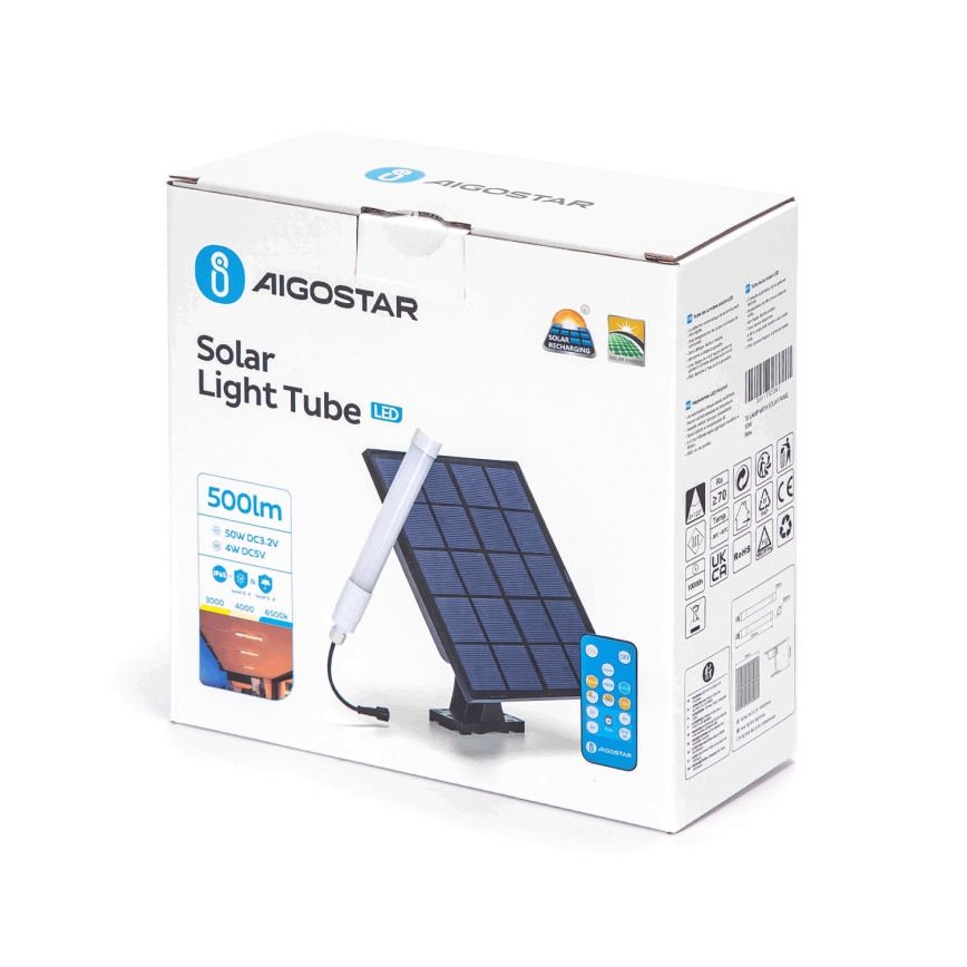 Aigostar - LED Hämardatav toru koos päikesepaneeliga LED/3,2V 3000K/4000K/6500K IP65 5000 mAh + kaugjuhtimispult