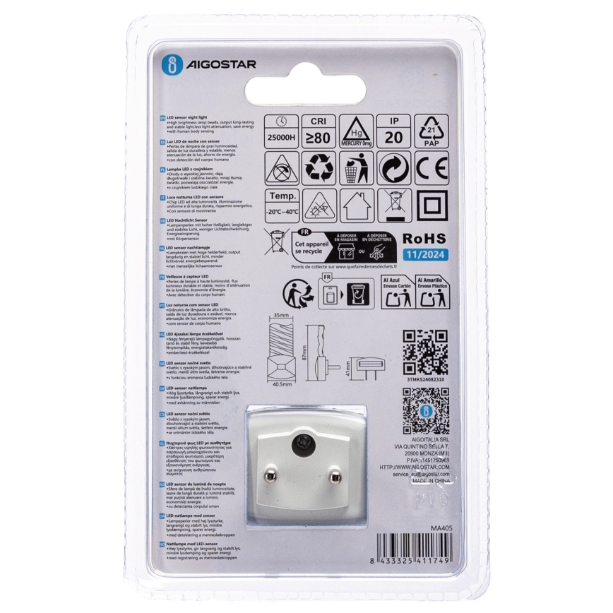 Aigostar - LED Öövalgusti hämardusanduriga LED/0,2W/230V 3000K