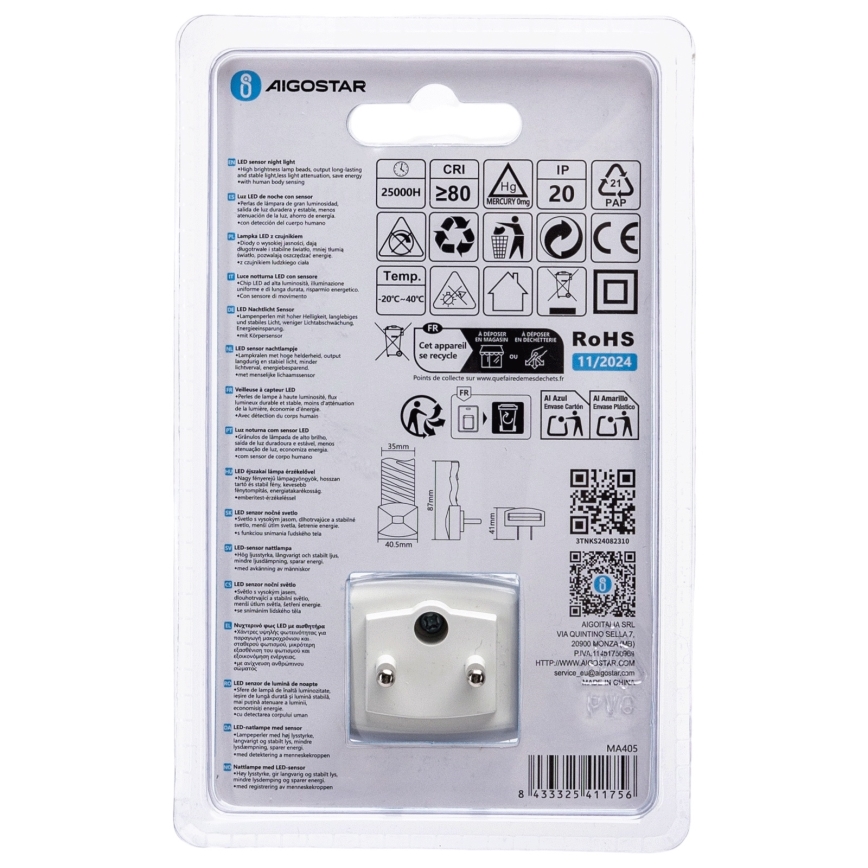 Aigostar - LED Öövalgusti hämardusanduriga LED/0,2W/230V 6500K