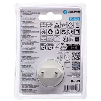 Aigostar - LED Öövalgusti hämardusanduriga LED/0,5W/230V 3000K