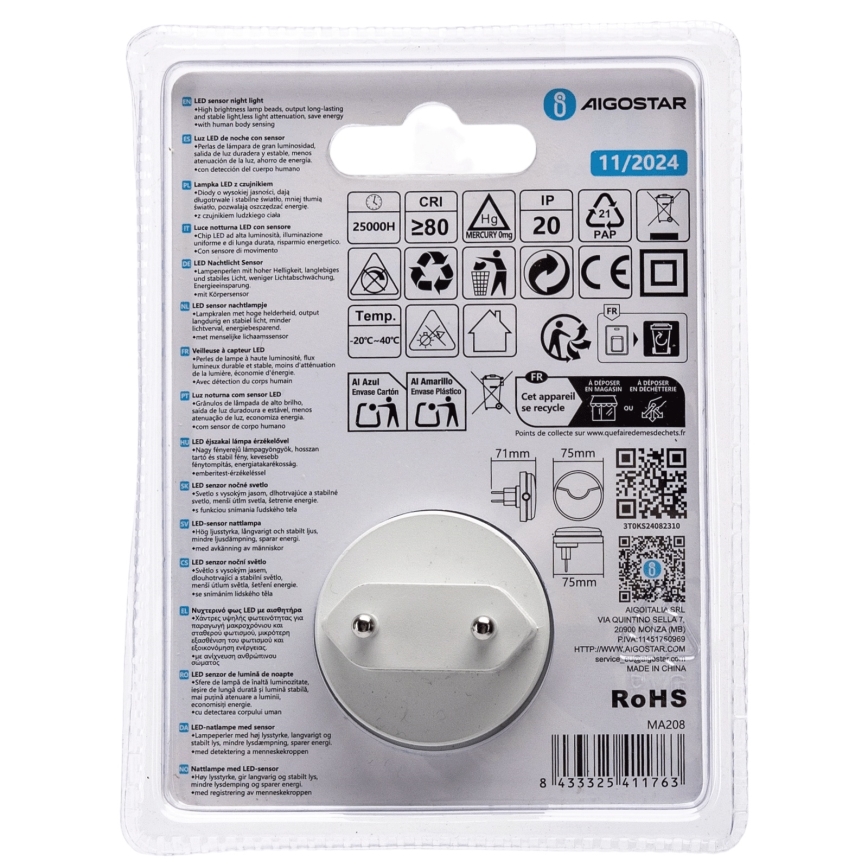 Aigostar - LED Öövalgusti hämardusanduriga LED/0,5W/230V 3000K
