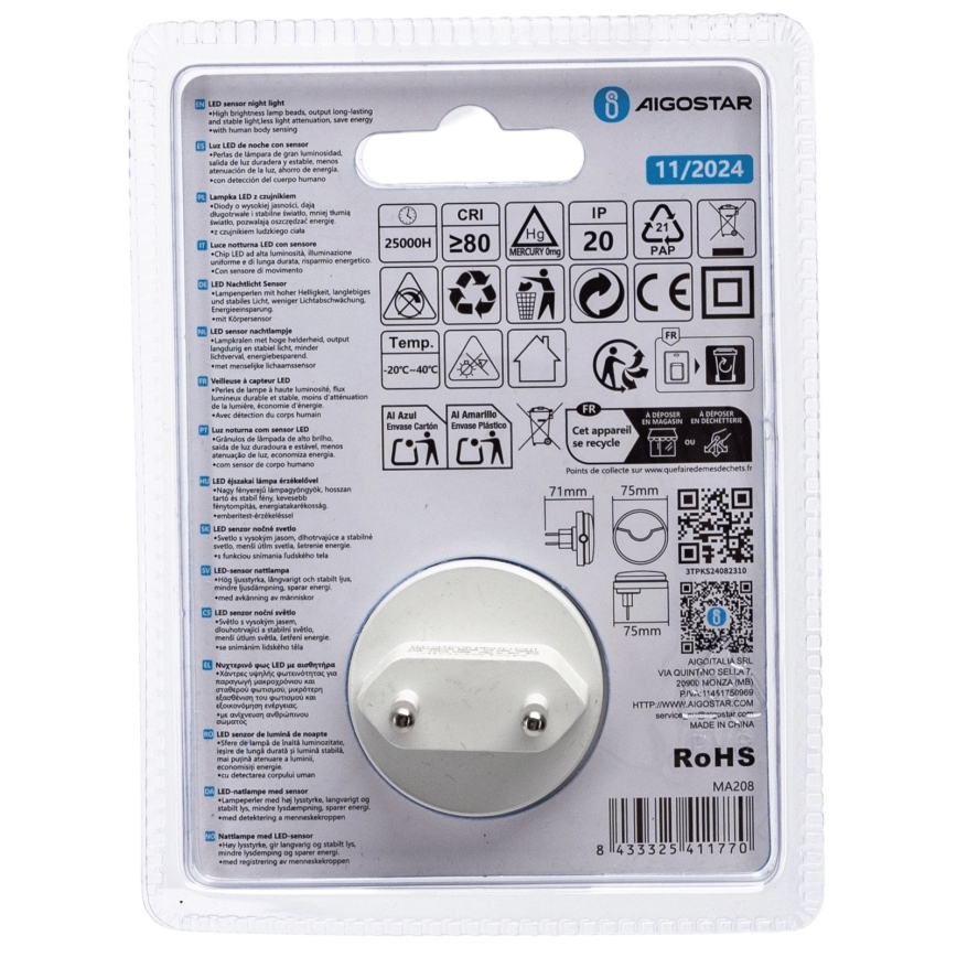 Aigostar - LED Öövalgusti hämardusanduriga LED/0,5W/230V 6500K