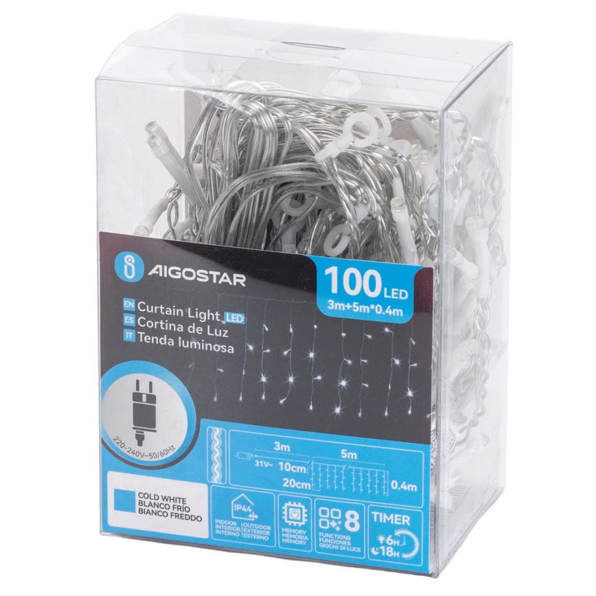 Aigostar - LED õuevalguskett 100xLED/8 režiimi 5x0,4m IP44 külmvalge
