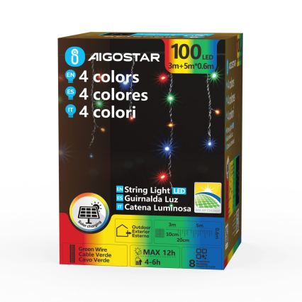 Aigostar - LED päikesepaneeliga jõulutuled 100xLED/8 funktsiooni 8x0,6m 800 mAh IP65 mitmevärviline