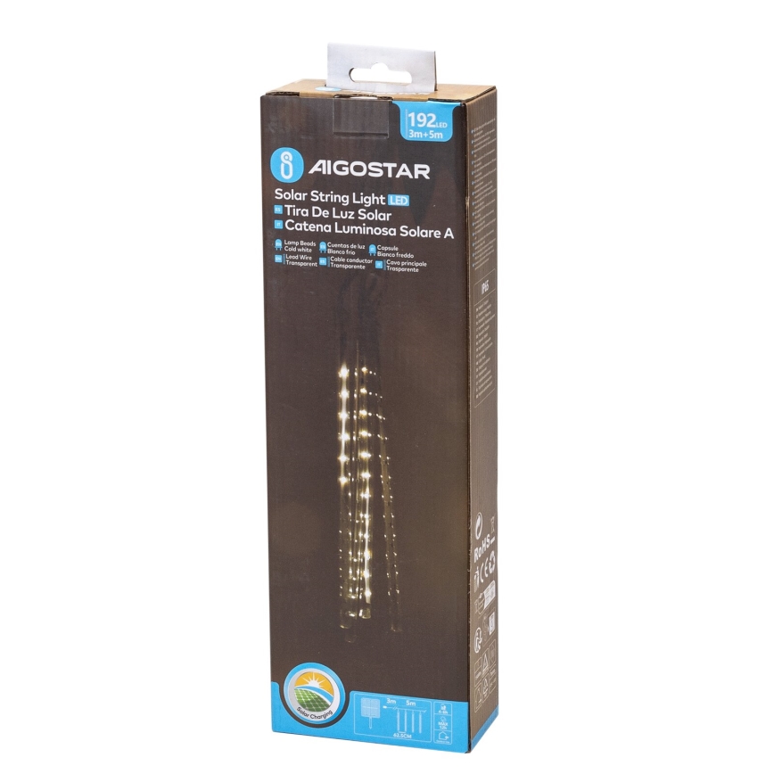 Aigostar - LED päikeseenergial töötavad jõulutuled 192xLED/8m IP65 1200 mAh külmvalge