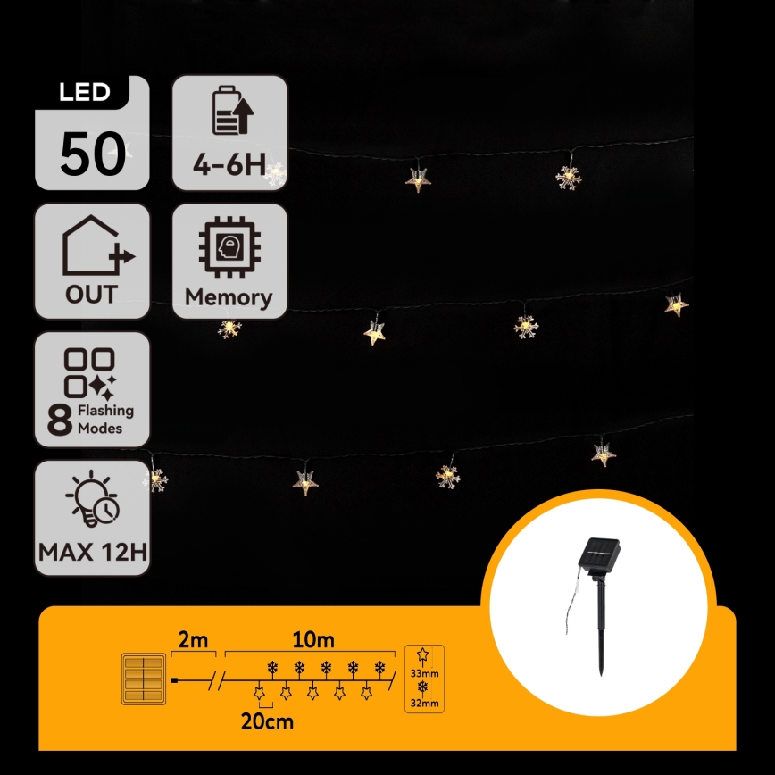 Aigostar - LED päikesepaneeliga valguskett 50xLED/8 funktsiooni 12m 800mAh IP65 soe valge