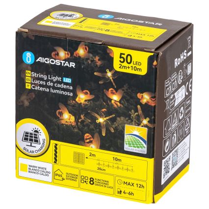 Aigostar - LED päikesevalguskett 50×LED/8 režiimi 10 m 800 mAh IP65 soe valge