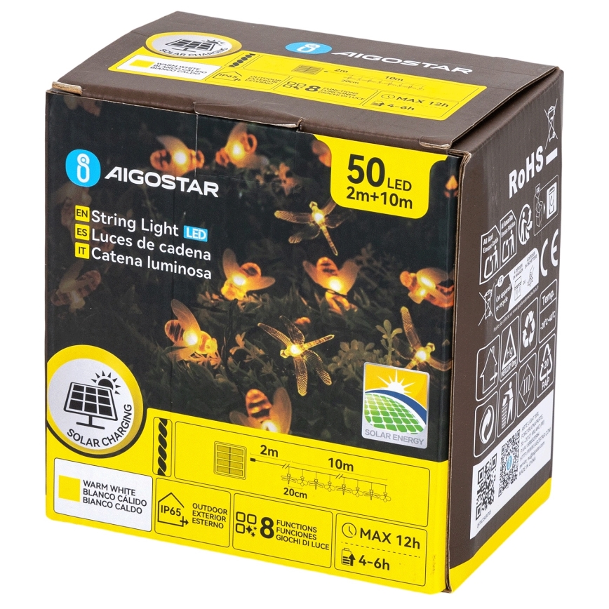 Aigostar - LED päikesevalguskett 50×LED/8 režiimi 10 m 800 mAh IP65 soe valge