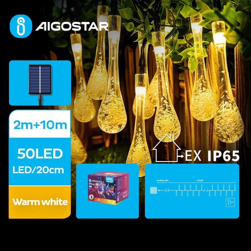 Aigostar - LED Päikesepaneel Dekoratiivne kett 50xLED/8 funktsiooni 12m IP65 soe valge 800 mAh