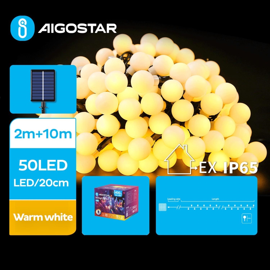 Aigostar - LED Päikesepaneeliga dekoratiivne valguskett 50xLED/8 funktsiooni 12m 800 mAh IP65 soe valge