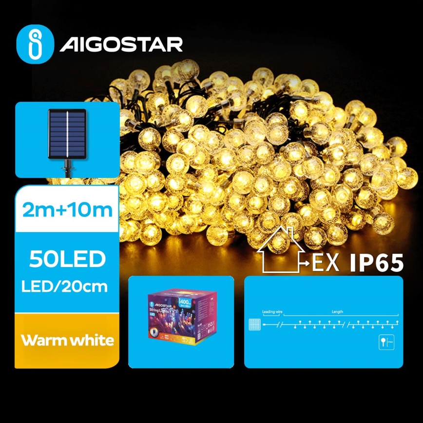Aigostar - LED Päikesepaneeliga dekoratiivne valguskett 50xLED/8 funktsiooni 12m 800 mAh IP65 soe valge