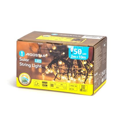 Aigostar - LED Päikesepaneeliga dekoratiivne valguskett 50xLED/8 funktsiooni 12m 800 mAh IP65 soe valge