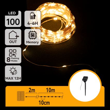 Aigostar - LED päikesepaneeliga jõulukett 100xLED/8 funktsiooni 12m 800 mAh IP65 soe valge