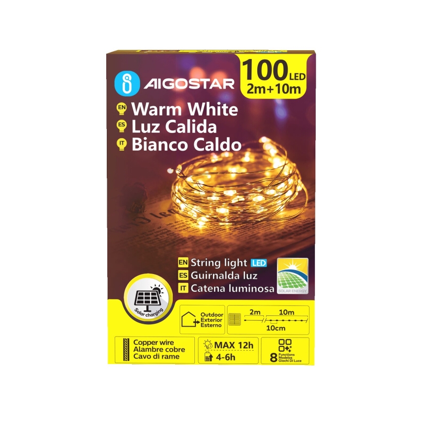 Aigostar - LED päikesepaneeliga jõulukett 100xLED/8 funktsiooni 12m 800 mAh IP65 soe valge
