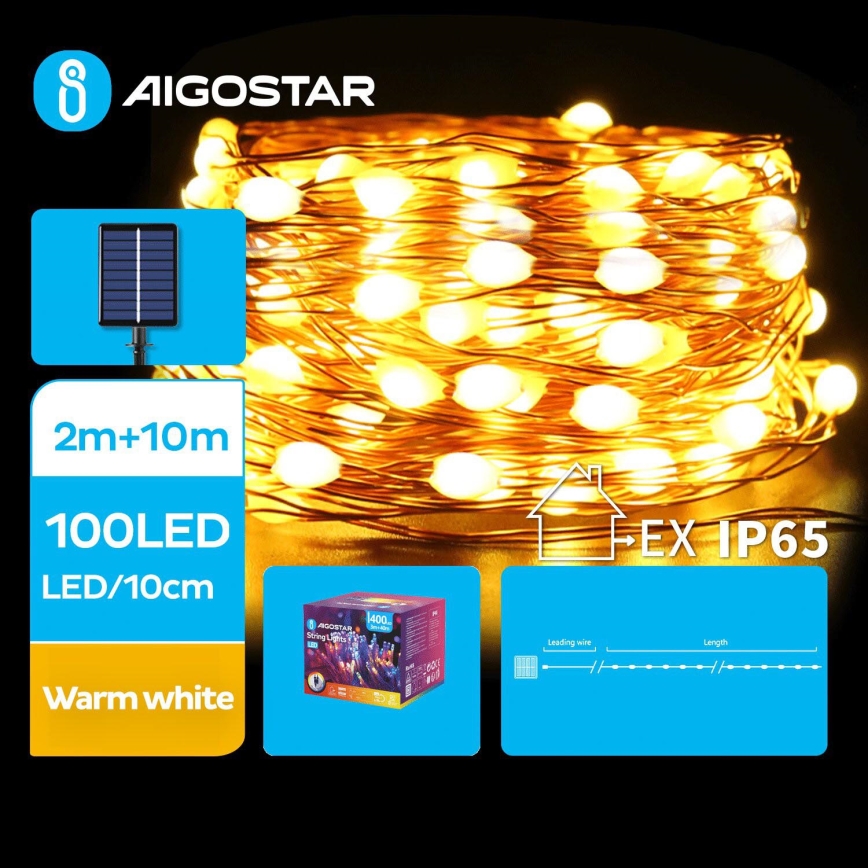 Aigostar - LED Päikesepaneeliga jõuluteemaline valguskett 100xLED/8 funktsiooni 12m 800 mAh IP65 soe valge