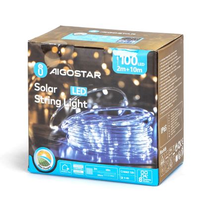 Aigostar - LED Päikesepaneeliga jõuluteemaline valguskett 100xLED/8 funktsiooni 12m IP65 külm valge 800 mAh
