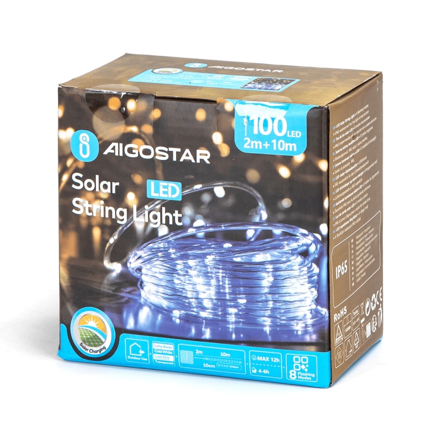 Aigostar - LED Päikesepaneeliga jõuluteemaline valguskett 100xLED/8 funktsiooni 12m IP65 külm valge 800 mAh