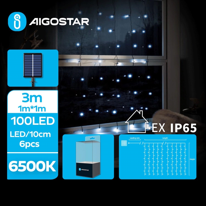 Aigostar - LED Päikesepaneeliga jõuluteemaline valguskett 100xLED/8 funktsiooni 4x1m 800 mAh IP65 külm valge