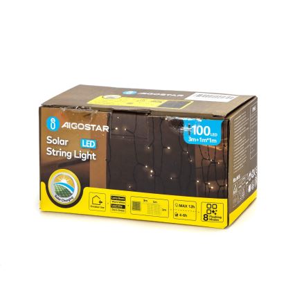 Aigostar - LED Päikesepaneeliga jõuluteemaline valguskett 100xLED/8 funktsiooni 4x1m IP65 soe valge 800 mAh