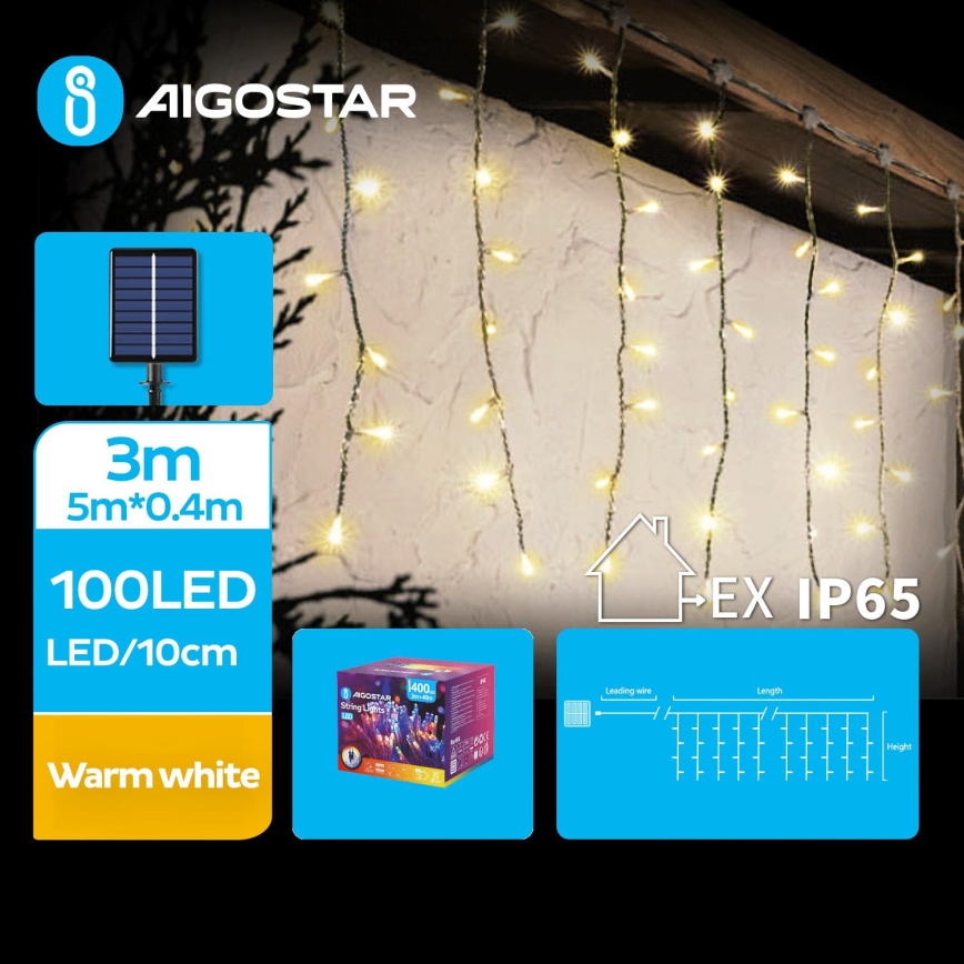 Aigostar - LED Päikesepaneeliga jõuluteemaline valguskett 100xLED/8 funktsiooni 8x0,4m IP65 soe valge 800 mAh