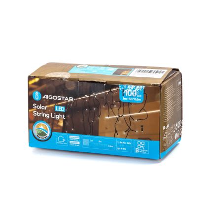 Aigostar - LED Päikesepaneeliga jõuluteemaline valguskett 100xLED/8 funktsiooni 8x0,6m 500 mAh IP65 külm valge
