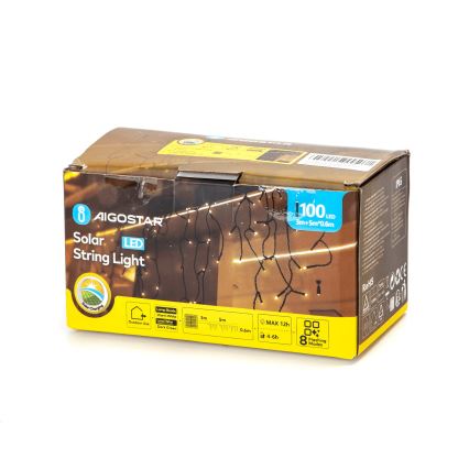 Aigostar - LED Päikesepaneeliga jõuluteemaline valguskett 100xLED/8 funktsiooni 8x0,6m 800 mAh IP65 soe valge