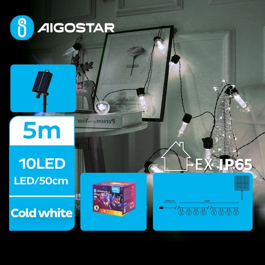 Aigostar - LED Päikesepaneeliga jõuluteemaline valguskett 10xLED/8 funktsiooni 6,5m IP65 külm valge