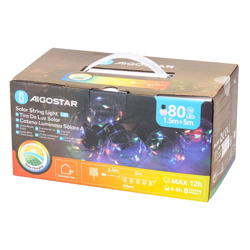 Aigostar - LED Päikesepaneeliga jõuluteemaline valguskett 10xLED/8 funktsiooni 6,5m IP65 500 mAh mitmevärviline