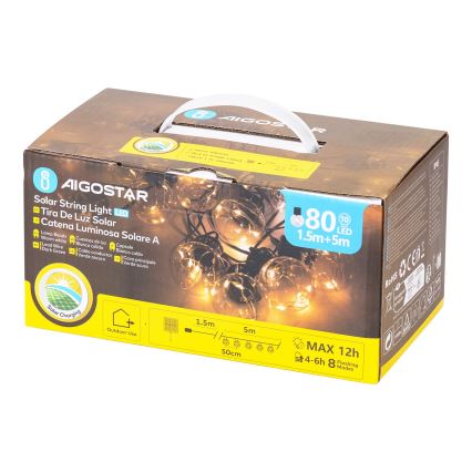 Aigostar - LED Päikesepaneeliga jõuluteemaline valguskett 10xLED/8 funktsiooni 6,5m IP65 soe valge