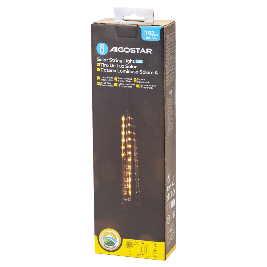 Aigostar - LED Päikesepaneeliga jõuluteemaline valguskett 192xLED/8m IP65 soe valge