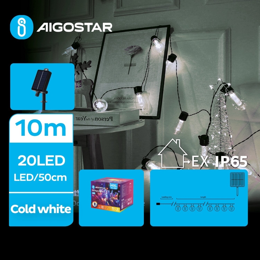 Aigostar - LED Päikesepaneeliga jõuluteemaline valguskett 20xLED/8 funktsiooni 11,5m IP65 külm valge
