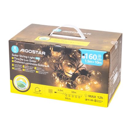 Aigostar - LED Päikesepaneeliga jõuluteemaline valguskett 20xLED/8 funktsiooni 11,5m IP65 soe valge