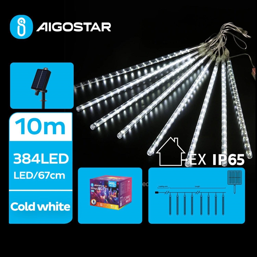 Aigostar - LED Päikesepaneeliga jõuluteemaline valguskett 384xLED/13m IP65 külm valge