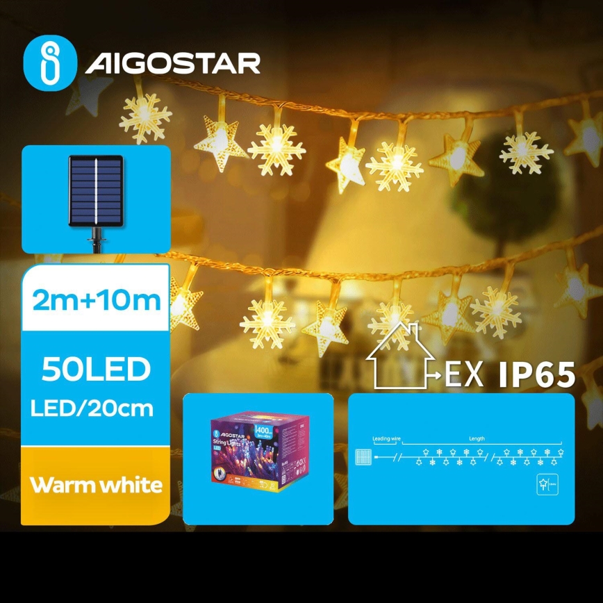 Aigostar - LED Päikesepaneeliga jõuluteemaline valguskett 50xLED/8 funktsiooni 12m 800mAh IP65 soe valge