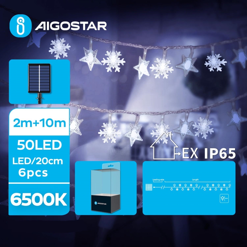 Aigostar - LED Päikesepaneeliga jõuluteemaline valguskett 50xLED/8 funktsiooni 12m IP65 800 mAh külm valge