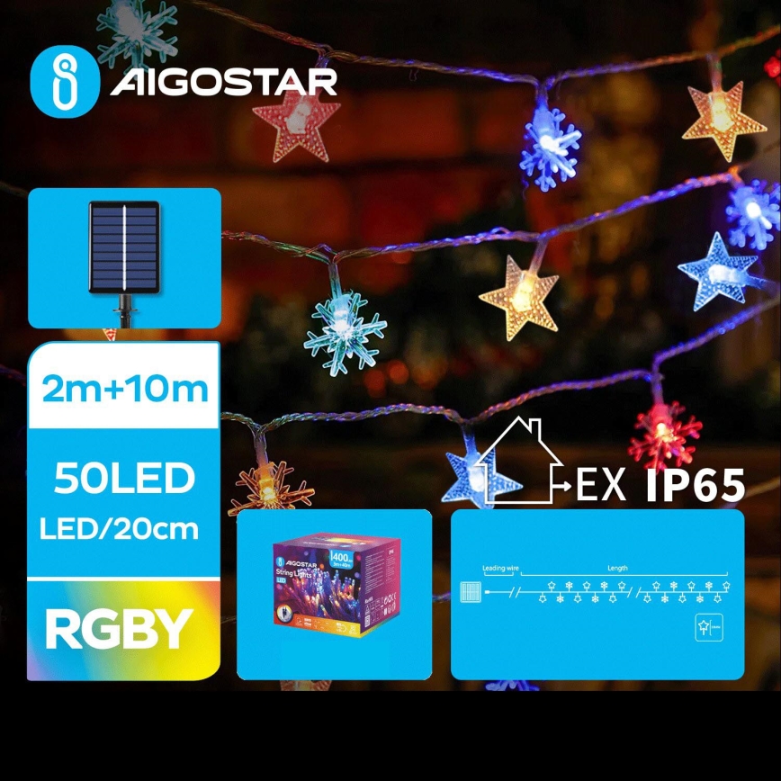 Aigostar - LED Päikesepaneeliga jõuluteemaline valguskett 50xLED/8 funktsiooni 12m IP65 mitmevärviline