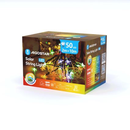 Aigostar - LED Päikesepaneeliga jõuluteemaline valguskett 50xLED/8 funktsiooni 800 mAh 12m IP65 mitmevärviline