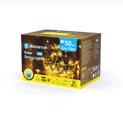 Aigostar - LED Päikesepaneeliga jõuluteemaline valguskett 50xLED/8 funktsiooni 12m 800mAh IP65 soe valge