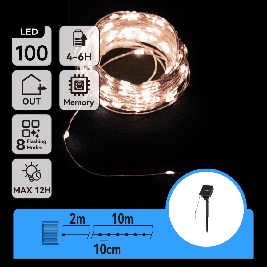Aigostar - LED päikese jõulutuled 100× LED / 8 funktsiooni, 12 m, IP65, 800 mAh, külmvalge