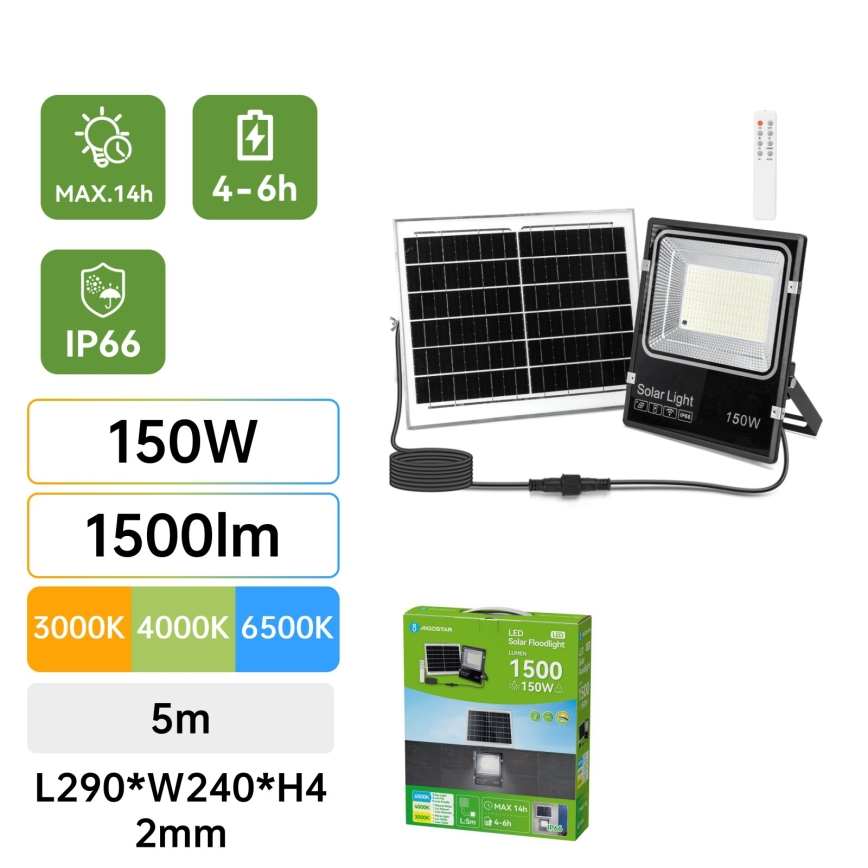 Aigostar - LED päikesereflektor LED/150W/3,2V 3000mAh 3000K/4000K/6500K IP66 + kaugjuhtimispult