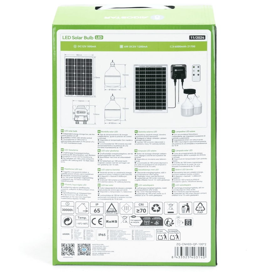 Aigostar - LED Päikesepaneeliga lühter 2xLED/35W/12V 6000 mAh 6500K d. 10 cm + kaugjuhtimispult