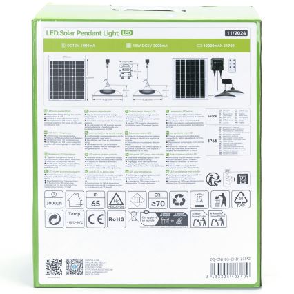 Aigostar - LED Päikesepaneeliga lühter 2xLED/70W/12V 12000 mAh 6500K d. 23,5 cm + kaugjuhtimispult