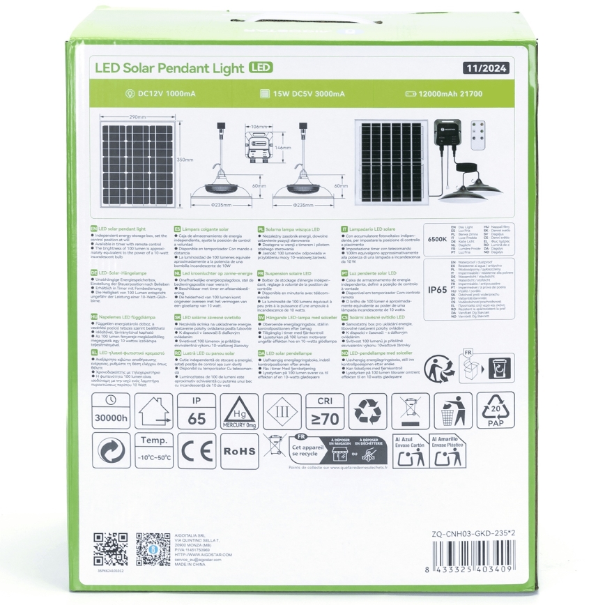 Aigostar - LED Päikesepaneeliga lühter 2xLED/70W/12V 12000 mAh 6500K d. 23,5 cm + kaugjuhtimispult