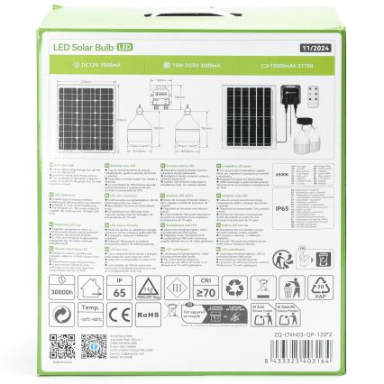 Aigostar - LED päikeselühter 2xLED/70W/12V 12000 mAh 6500K IP65 läbimõõt 12 cm + kaugjuhtimispult