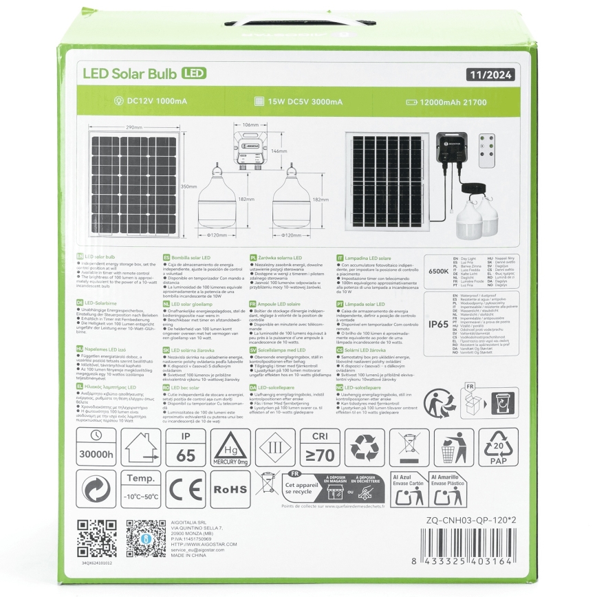 Aigostar - LED päikeselühter 2xLED/70W/12V 12000 mAh 6500K IP65 läbimõõt 12 cm + kaugjuhtimispult