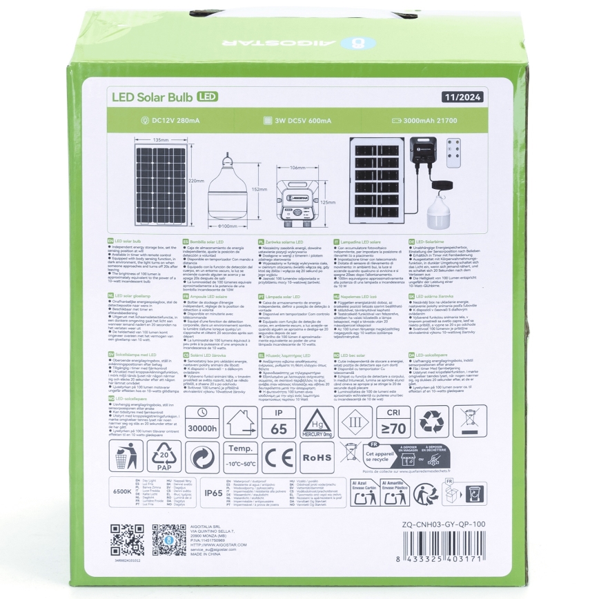 Aigostar - LED Päikesepaneeliga lühter anduriga LED/35W/12V 3000 mAh 6500K d. 10 cm + kaugjuhtimispult