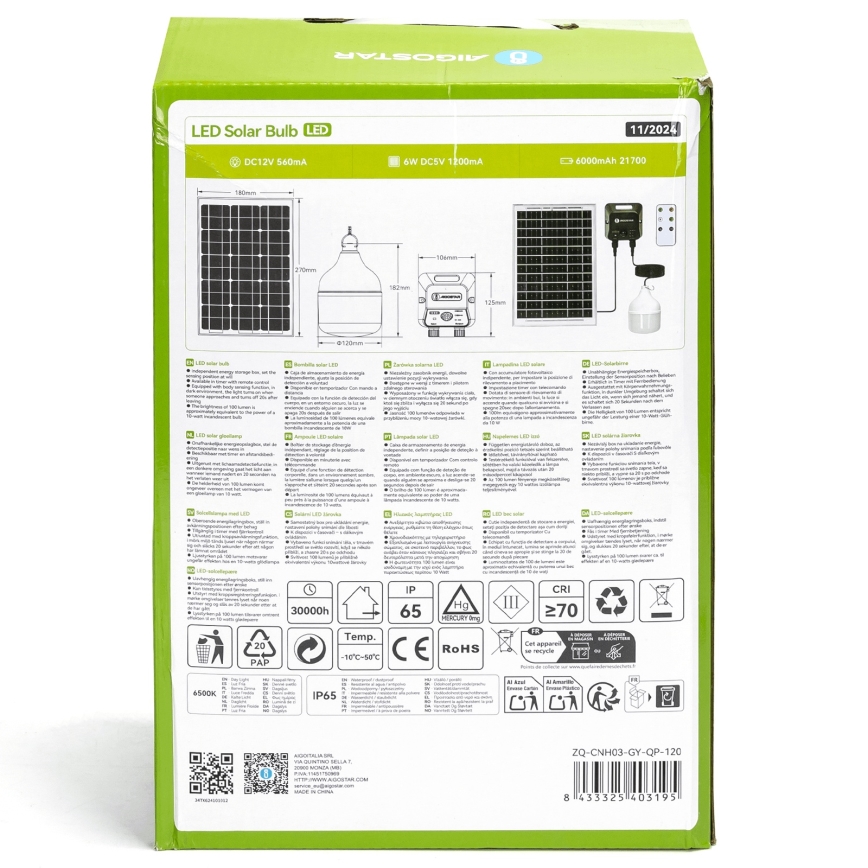 Aigostar - LED Päikesepaneeliga lühter anduriga LED/70W/12V 6000 mAh 6500K d. 12 cm + kaugjuhtimispult