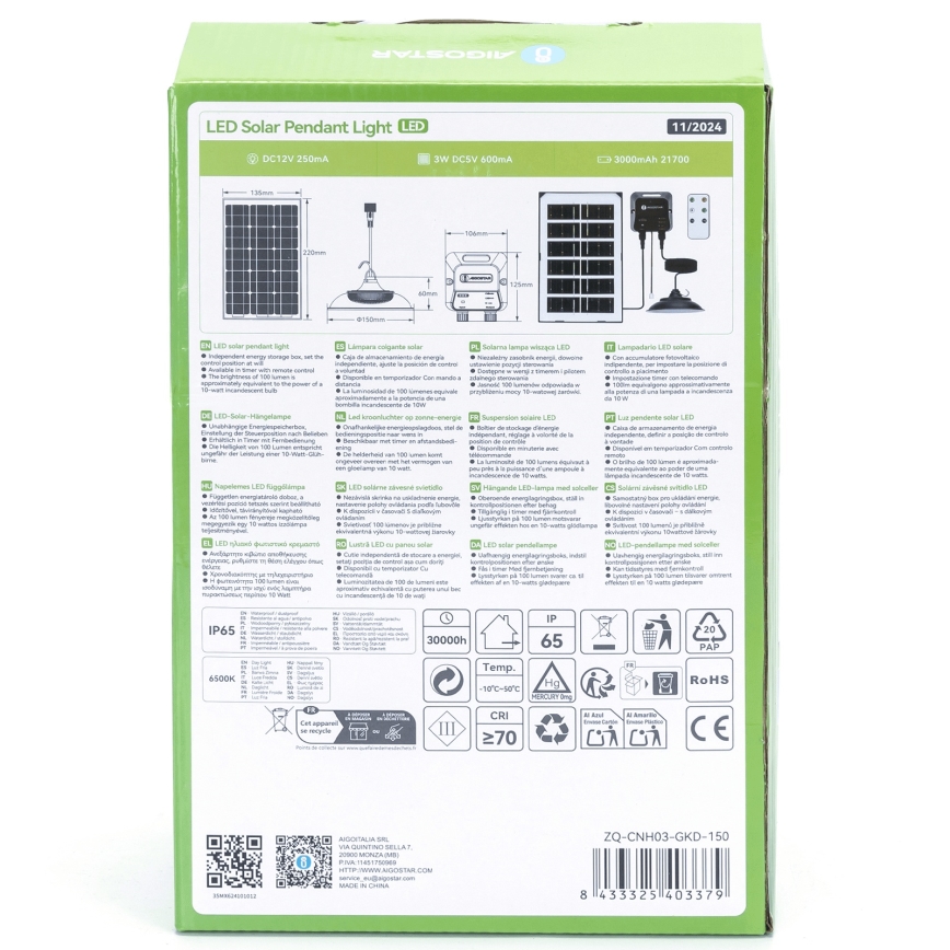 Aigostar - LED Päikesepaneeliga lühter LED/35W/12V 3000 mAh 6500K d. 15 cm + kaugjuhtimispult