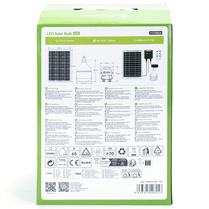 Aigostar - LED Päikesepaneeliga lühter LED/70W/12V 6000 mAh 6500K d. 12 cm + kaugjuhtimispult