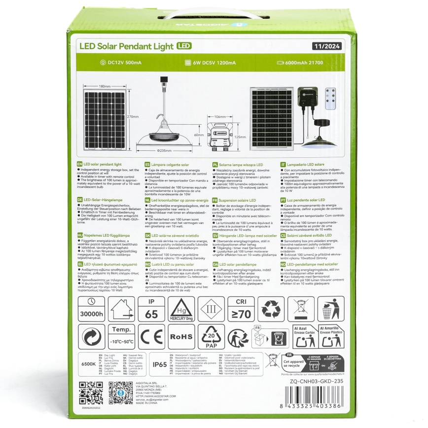 Aigostar - LED Päikesepaneeliga lühter LED/70W/12V 6000 mAh 6500K d. 23,5 cm + kaugjuhtimispult